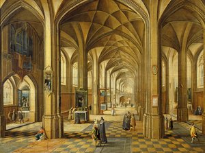 Interiør af en kirke i gotisk stil med tre skibe